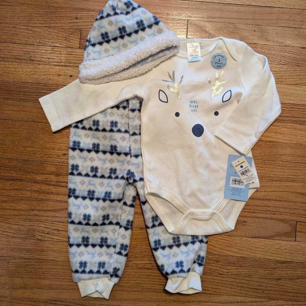 NWT Cutie Pie 3 piece winter fleece set - 6-9 months, blue/cream
